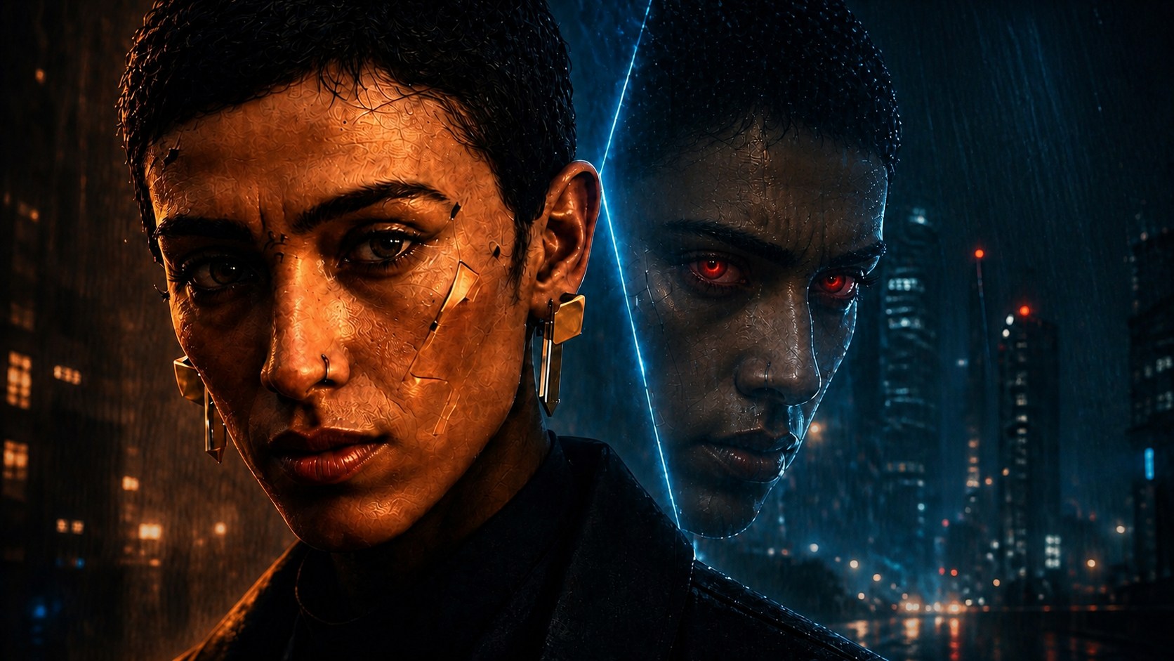 Luna Ghani and her hostile second identity emerging with red eyes above the rain-darkened megacity